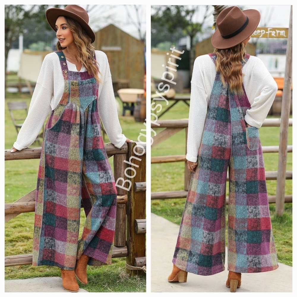 Patchwork Plaid Fleece Wideleg Jumpsuit Overalls - Picture 2 of 16